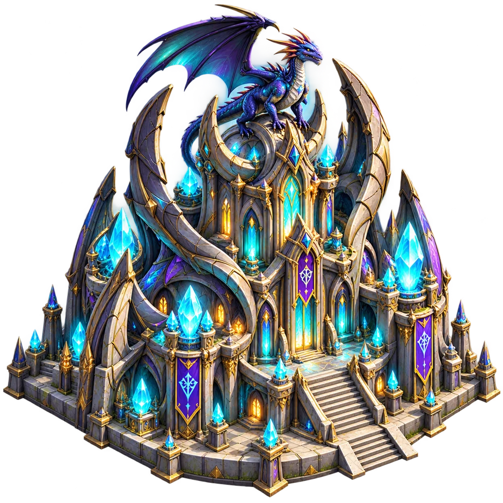 Alien Citadel crowned by a dragon, with glowing cyan crystals
